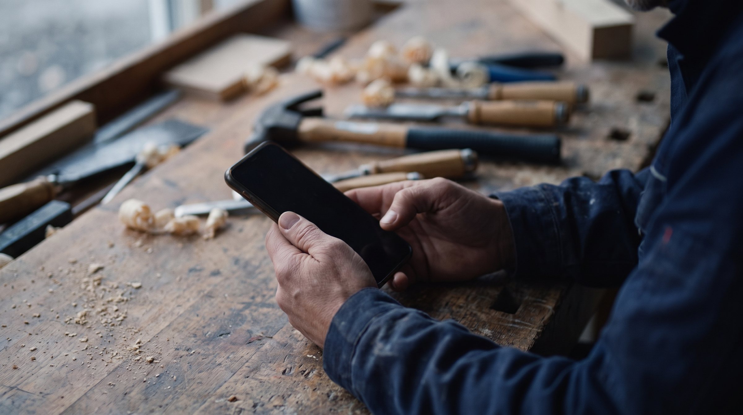 Hender holder en mobiltelefon ved en arbeidsbenk
