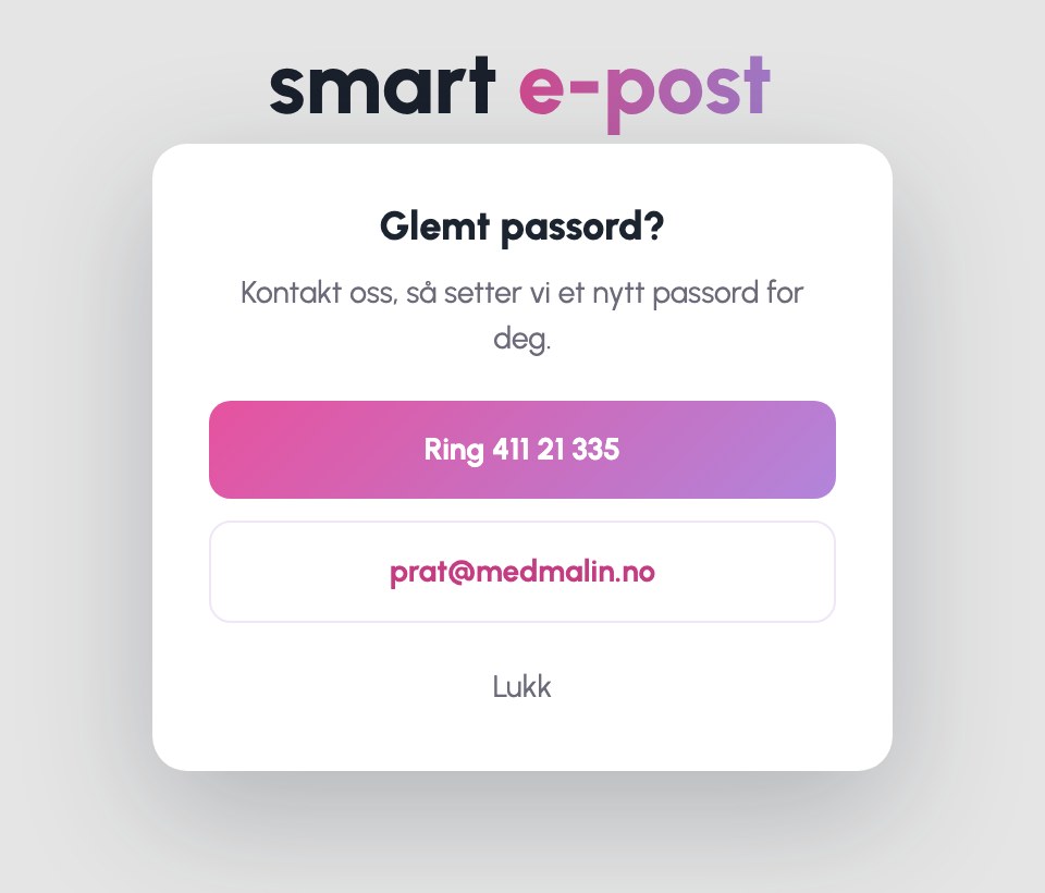 Vinduet «Glemt passord?» med telefonnummer og e-postadresse